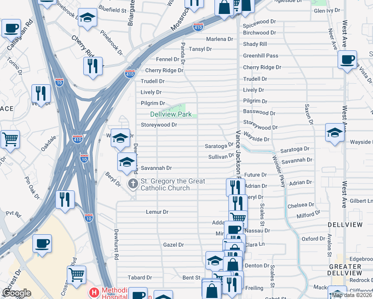 map of restaurants, bars, coffee shops, grocery stores, and more near 214 Sullivan Drive in San Antonio