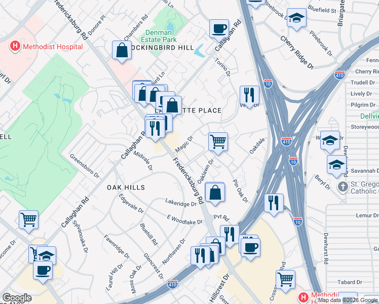 map of restaurants, bars, coffee shops, grocery stores, and more near 5050 Fredericksburg Road in San Antonio