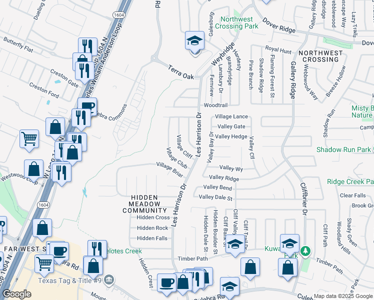 map of restaurants, bars, coffee shops, grocery stores, and more near 6313 Village Cliff in San Antonio