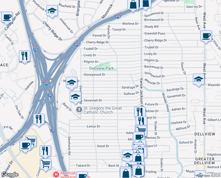 map of restaurants, bars, coffee shops, grocery stores, and more near 214 Sullivan Drive in San Antonio