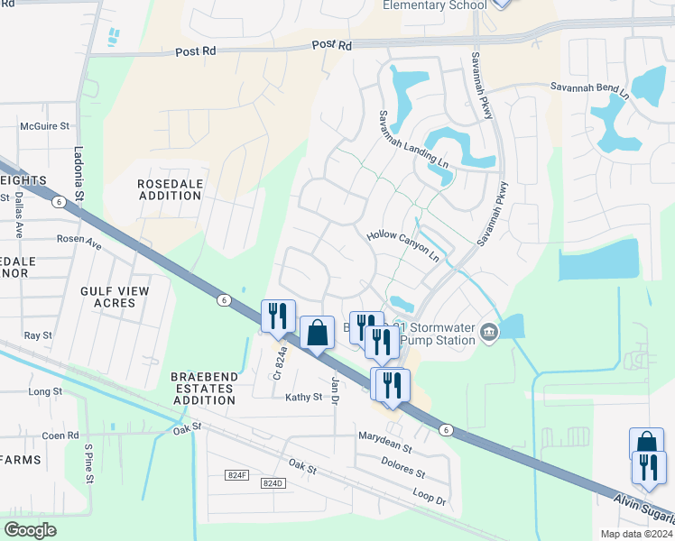 map of restaurants, bars, coffee shops, grocery stores, and more near 14107 Windy Knoll Court in Rosharon