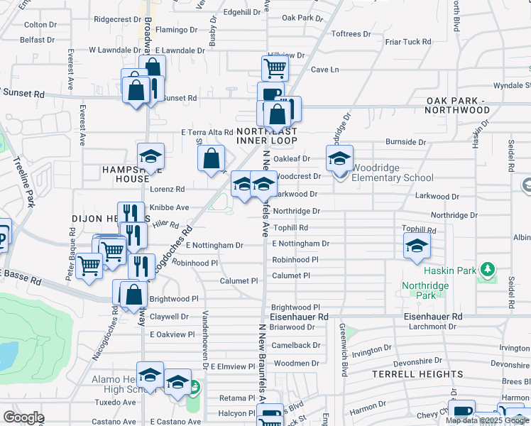 map of restaurants, bars, coffee shops, grocery stores, and more near 7607 North New Braunfels Avenue in San Antonio