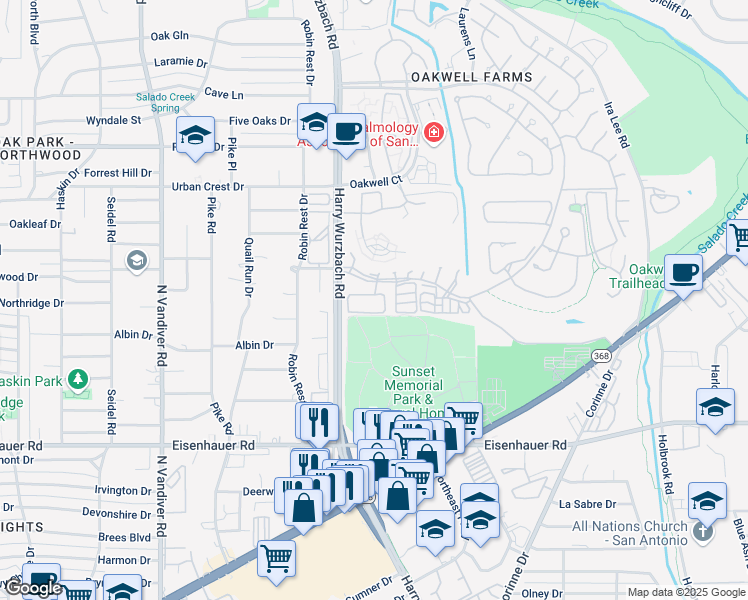 map of restaurants, bars, coffee shops, grocery stores, and more near 41 Fonthill Way in San Antonio