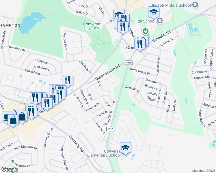 map of restaurants, bars, coffee shops, grocery stores, and more near 94 A in Converse
