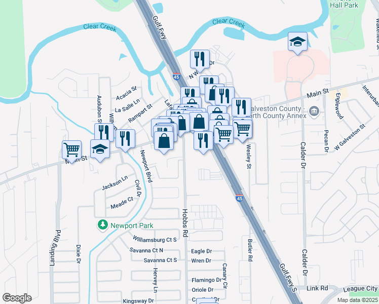 map of restaurants, bars, coffee shops, grocery stores, and more near 102 Hobbs Road in League City