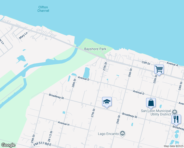 map of restaurants, bars, coffee shops, grocery stores, and more near 2710 Avenue D in San Leon