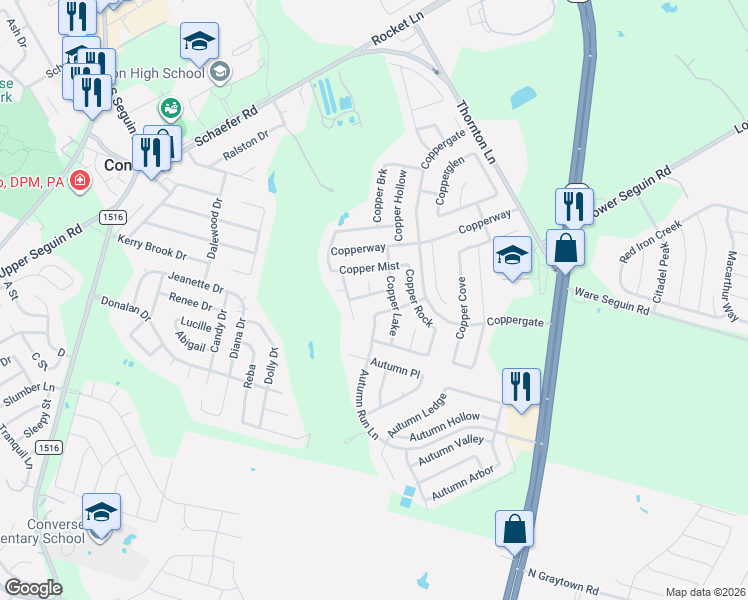 map of restaurants, bars, coffee shops, grocery stores, and more near 9614 Copper Falls in Converse