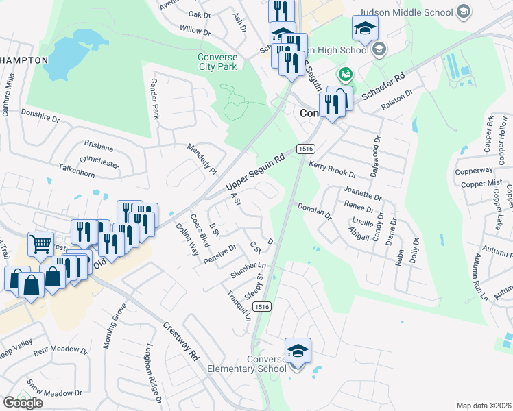 map of restaurants, bars, coffee shops, grocery stores, and more near 94 A in Converse