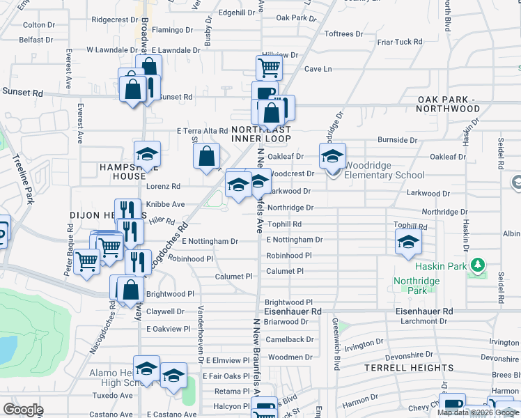 map of restaurants, bars, coffee shops, grocery stores, and more near 111 Tophill Road in San Antonio