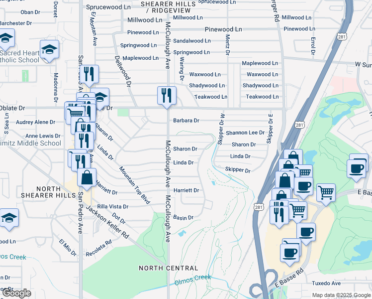 map of restaurants, bars, coffee shops, grocery stores, and more near 327 Linda Drive in San Antonio