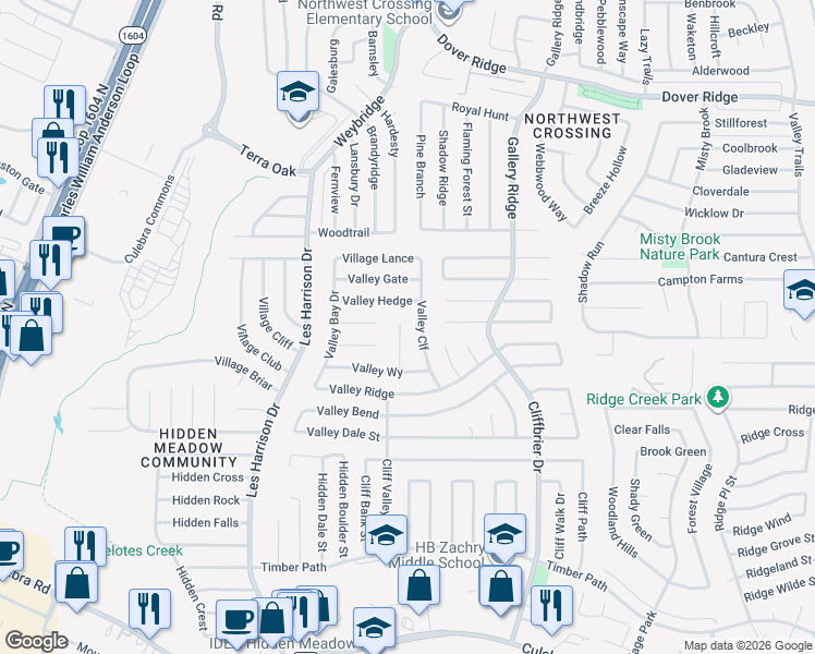 map of restaurants, bars, coffee shops, grocery stores, and more near 6119 Valley Tree in San Antonio