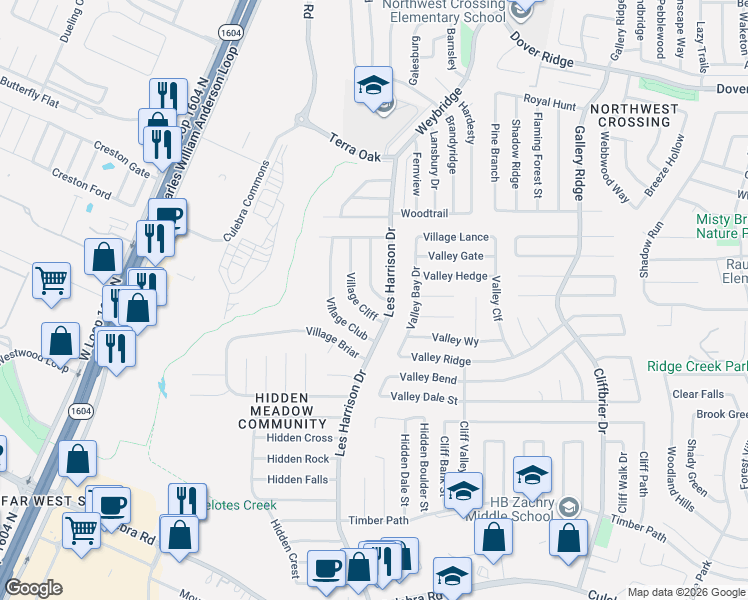 map of restaurants, bars, coffee shops, grocery stores, and more near 6313 Village Cliff in San Antonio