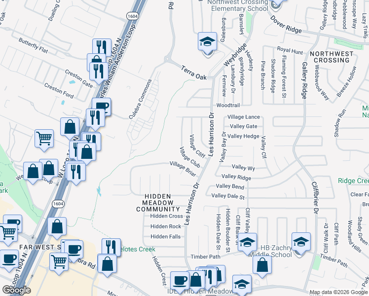 map of restaurants, bars, coffee shops, grocery stores, and more near 6331 Village Club in San Antonio