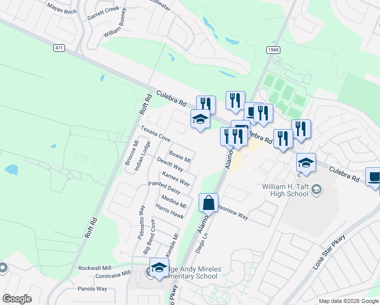 map of restaurants, bars, coffee shops, grocery stores, and more near 6806 Shamrock Way in San Antonio