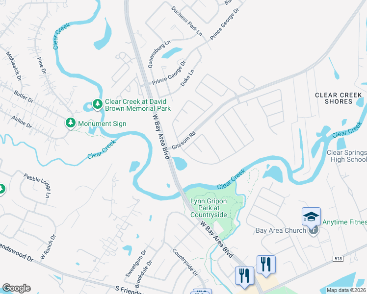 map of restaurants, bars, coffee shops, grocery stores, and more near 4442 Mae Street in Friendswood