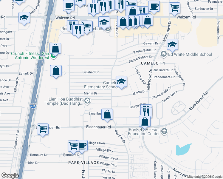 map of restaurants, bars, coffee shops, grocery stores, and more near 7598 Ray Bon Drive in San Antonio