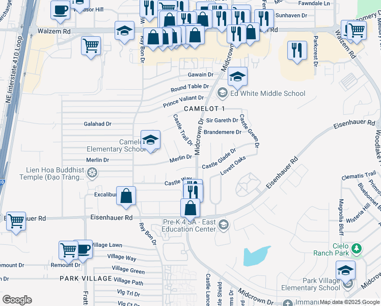 map of restaurants, bars, coffee shops, grocery stores, and more near 5531 Merlin Drive in San Antonio