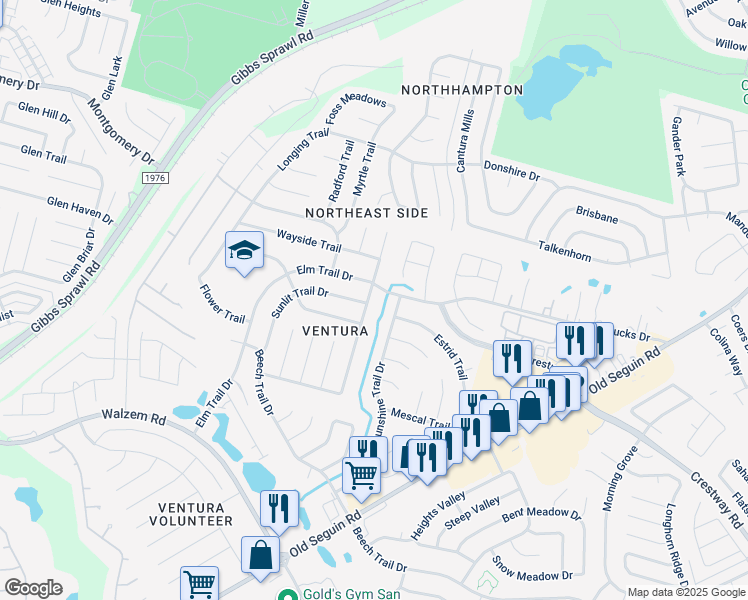 map of restaurants, bars, coffee shops, grocery stores, and more near 7266 Elm Trail Drive in San Antonio