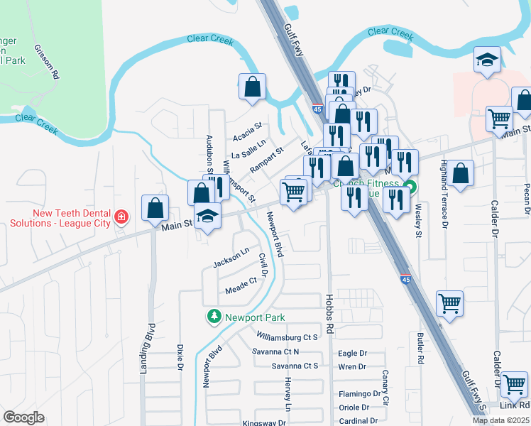 map of restaurants, bars, coffee shops, grocery stores, and more near 2098 W Main St in League City