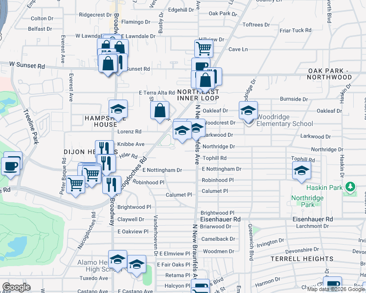 map of restaurants, bars, coffee shops, grocery stores, and more near 7607 North New Braunfels Avenue in San Antonio
