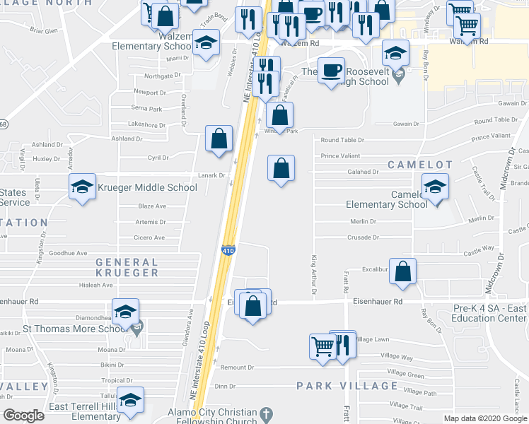 map of restaurants, bars, coffee shops, grocery stores, and more near 7200 Northeast Interstate 410 Loop in San Antonio