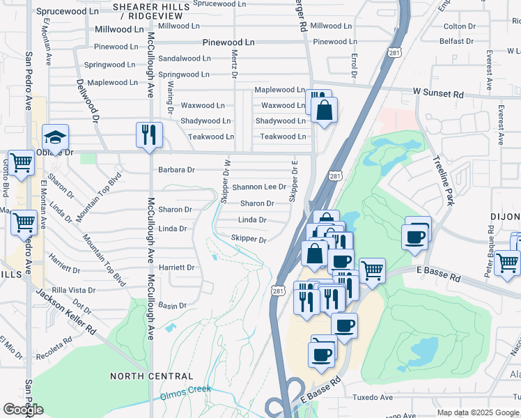 map of restaurants, bars, coffee shops, grocery stores, and more near 431 Sharon Drive in San Antonio