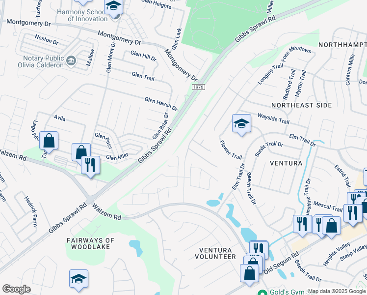 map of restaurants, bars, coffee shops, grocery stores, and more near 7500 Paradise Road in San Antonio