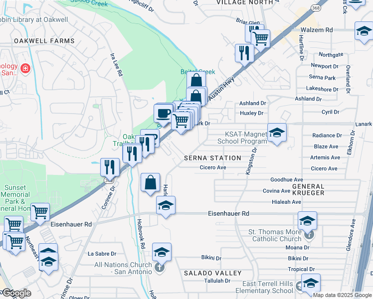 map of restaurants, bars, coffee shops, grocery stores, and more near 7435 Harlow Drive in San Antonio