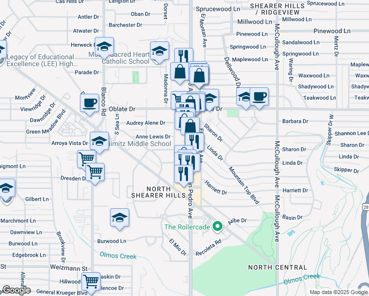 map of restaurants, bars, coffee shops, grocery stores, and more near 214 Grotto Boulevard in San Antonio