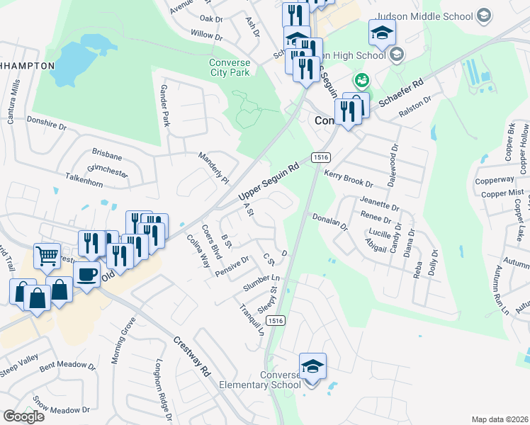 map of restaurants, bars, coffee shops, grocery stores, and more near 50 B in Converse