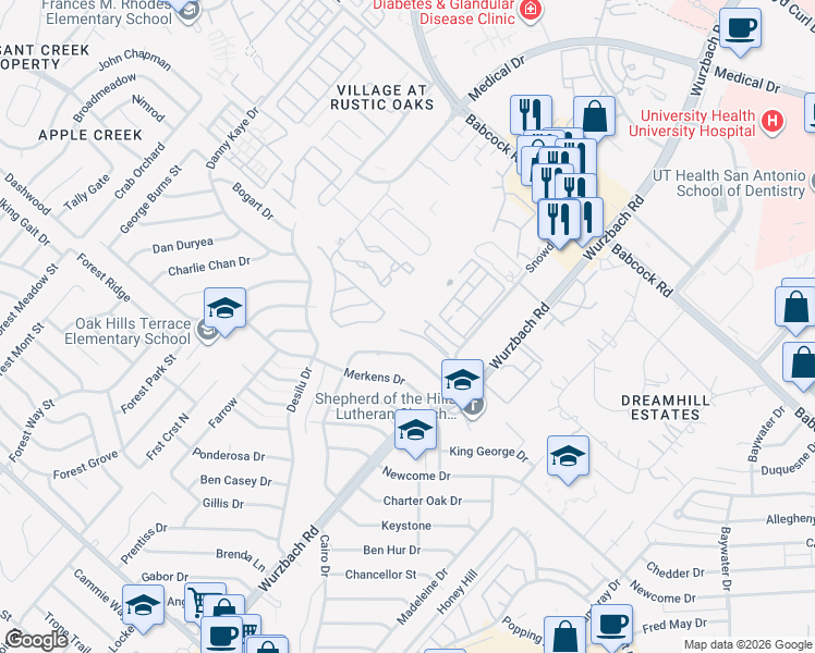map of restaurants, bars, coffee shops, grocery stores, and more near 7239 Snowden Crest in San Antonio