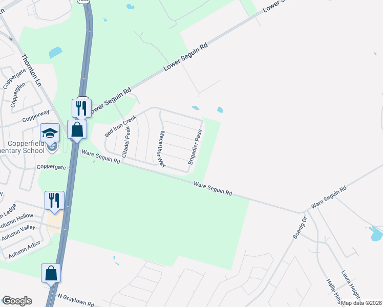 map of restaurants, bars, coffee shops, grocery stores, and more near 7710 Brigadier Pass in Converse