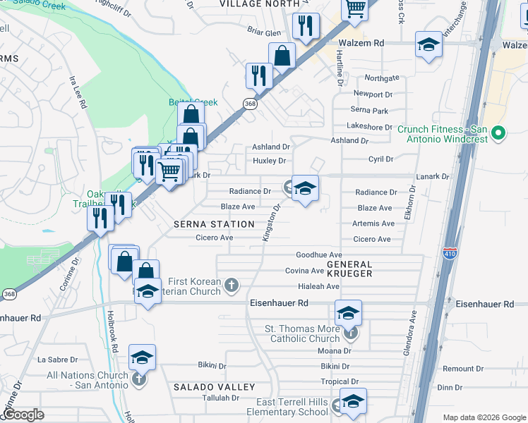 map of restaurants, bars, coffee shops, grocery stores, and more near 331 Blaze Avenue in San Antonio