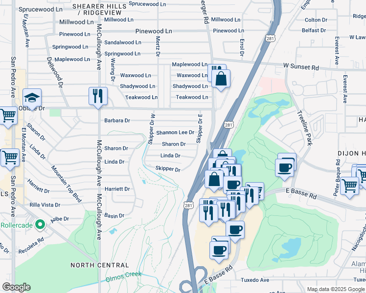 map of restaurants, bars, coffee shops, grocery stores, and more near 459 Sharon Drive in San Antonio
