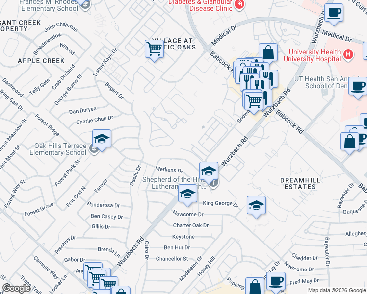 map of restaurants, bars, coffee shops, grocery stores, and more near 7239 Snowden Crest in San Antonio