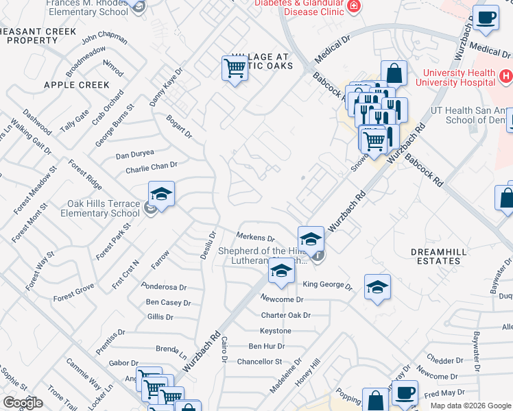map of restaurants, bars, coffee shops, grocery stores, and more near 5414 Bright Run in San Antonio