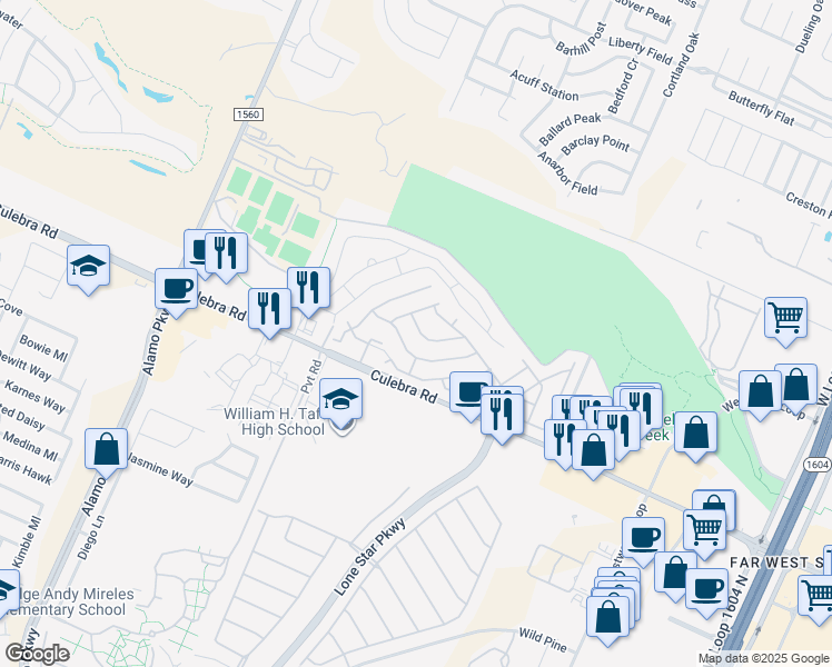 map of restaurants, bars, coffee shops, grocery stores, and more near 457 Centerfield Drive in San Antonio