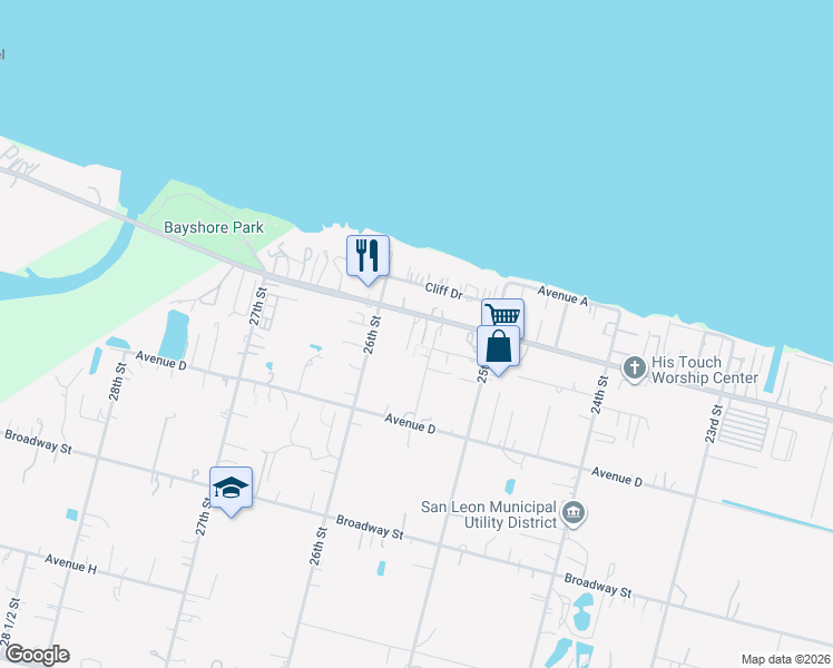 map of restaurants, bars, coffee shops, grocery stores, and more near 2551 East Bay Shore Drive in San Leon