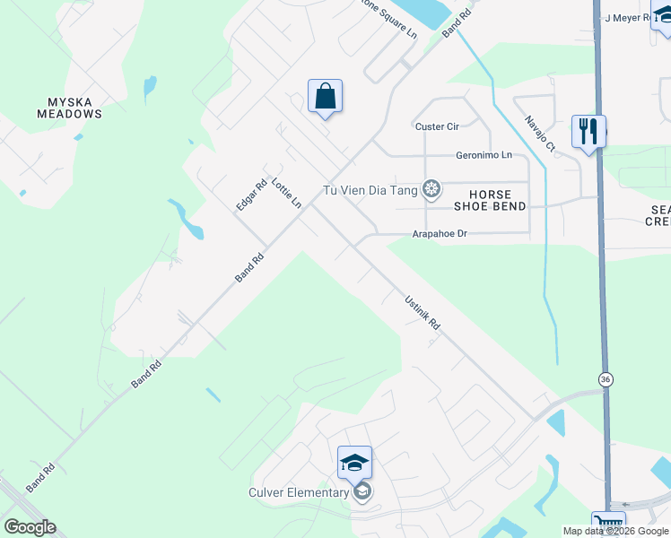 map of restaurants, bars, coffee shops, grocery stores, and more near 2711 Vail Road in Rosenberg