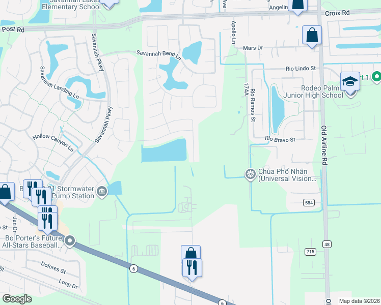 map of restaurants, bars, coffee shops, grocery stores, and more near 5610 Savannah Woods Lane in Rosharon