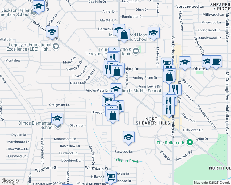 map of restaurants, bars, coffee shops, grocery stores, and more near 5426 Blanco Road in San Antonio