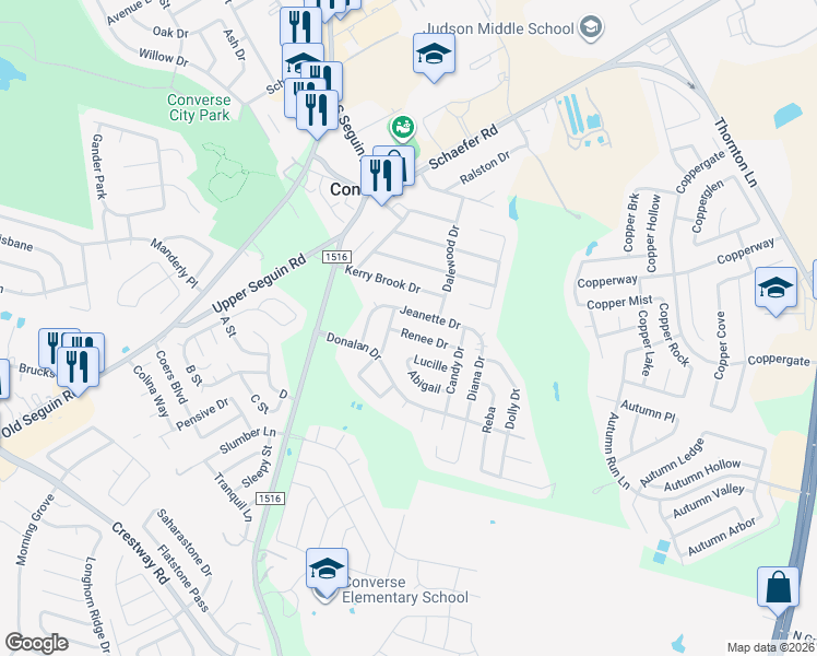 map of restaurants, bars, coffee shops, grocery stores, and more near 306 Jeanette Drive in Converse