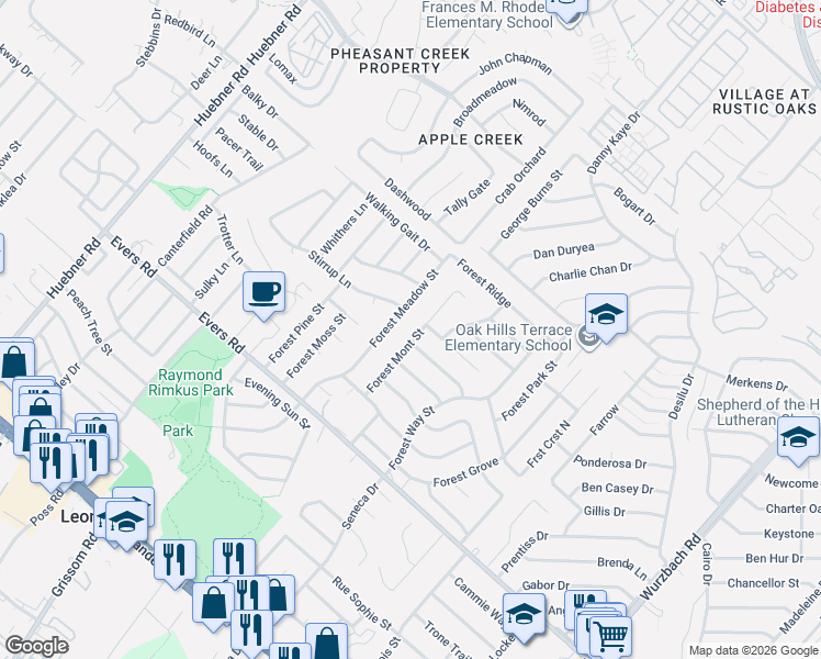 map of restaurants, bars, coffee shops, grocery stores, and more near 7102 Forest Meadow Street in San Antonio