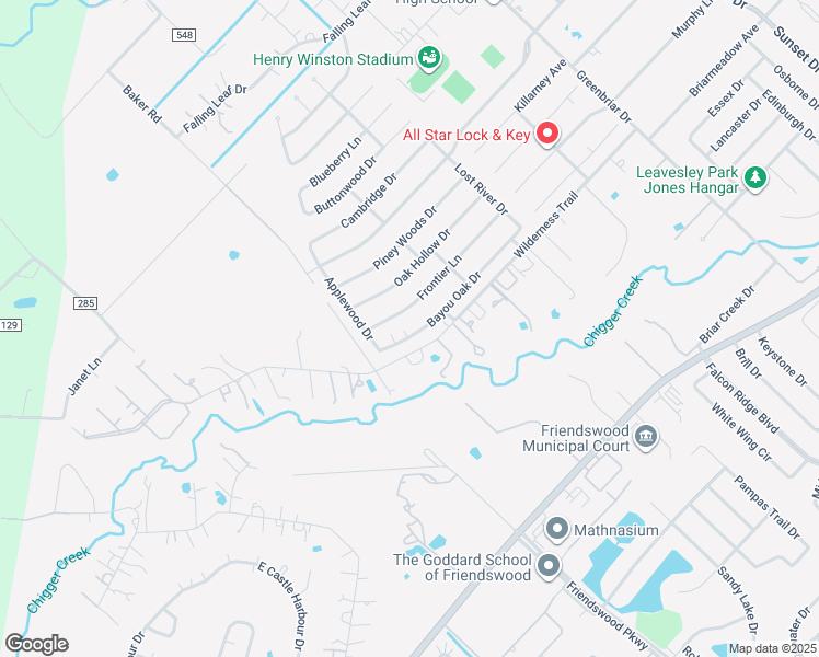 map of restaurants, bars, coffee shops, grocery stores, and more near 1409 Bayou Oak Drive in Friendswood
