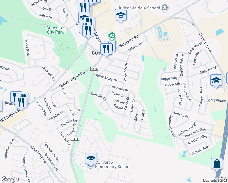 map of restaurants, bars, coffee shops, grocery stores, and more near 306 Jeanette Drive in Converse