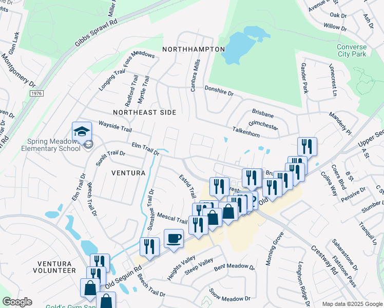 map of restaurants, bars, coffee shops, grocery stores, and more near 8203 Brucks Drive in San Antonio