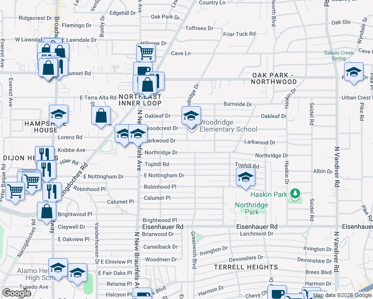 map of restaurants, bars, coffee shops, grocery stores, and more near 235 Northridge Drive in San Antonio