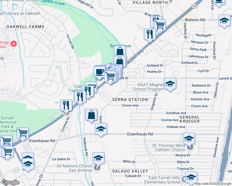 map of restaurants, bars, coffee shops, grocery stores, and more near 7435 Harlow Drive in San Antonio