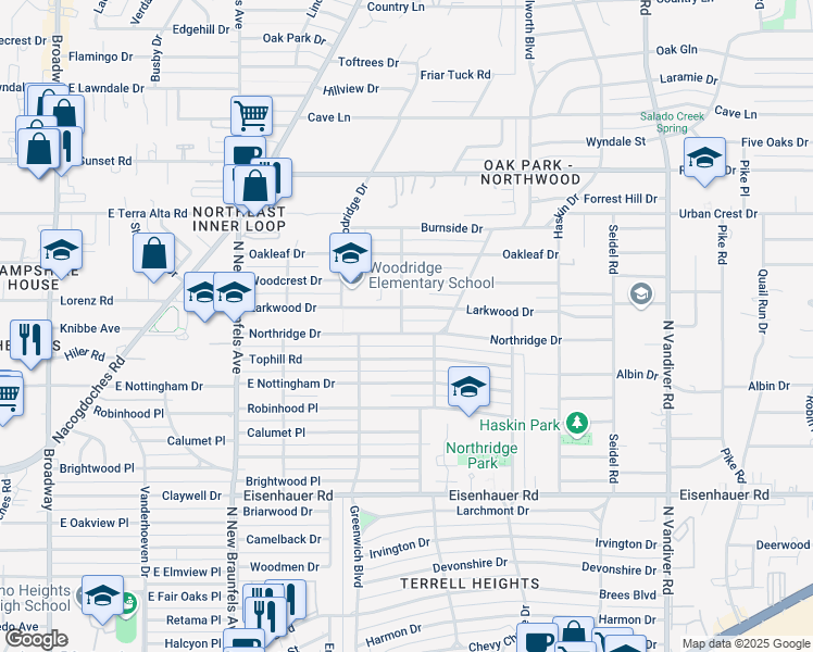 map of restaurants, bars, coffee shops, grocery stores, and more near 402 Larkwood Drive in San Antonio