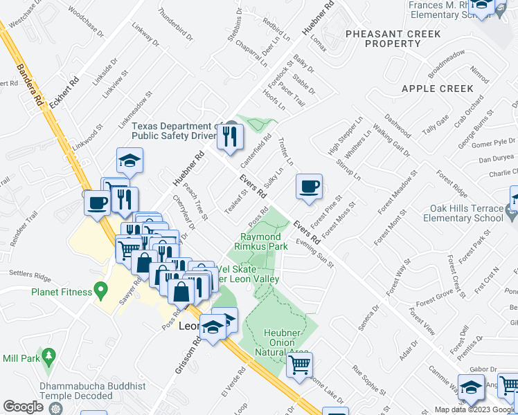 map of restaurants, bars, coffee shops, grocery stores, and more near 7132 Larksong Street in San Antonio